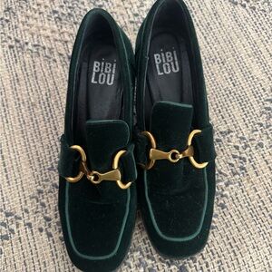 Bibi Lou Dark Green Velvet Loafers with Gold Horsebit Detail